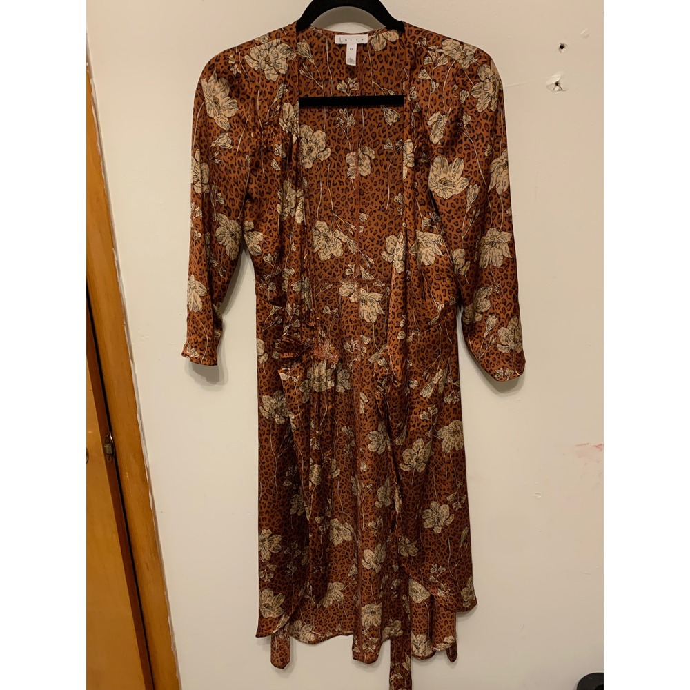 LEITH Dress Leopard‎ Floral Print Wrap Midi Brown XS
